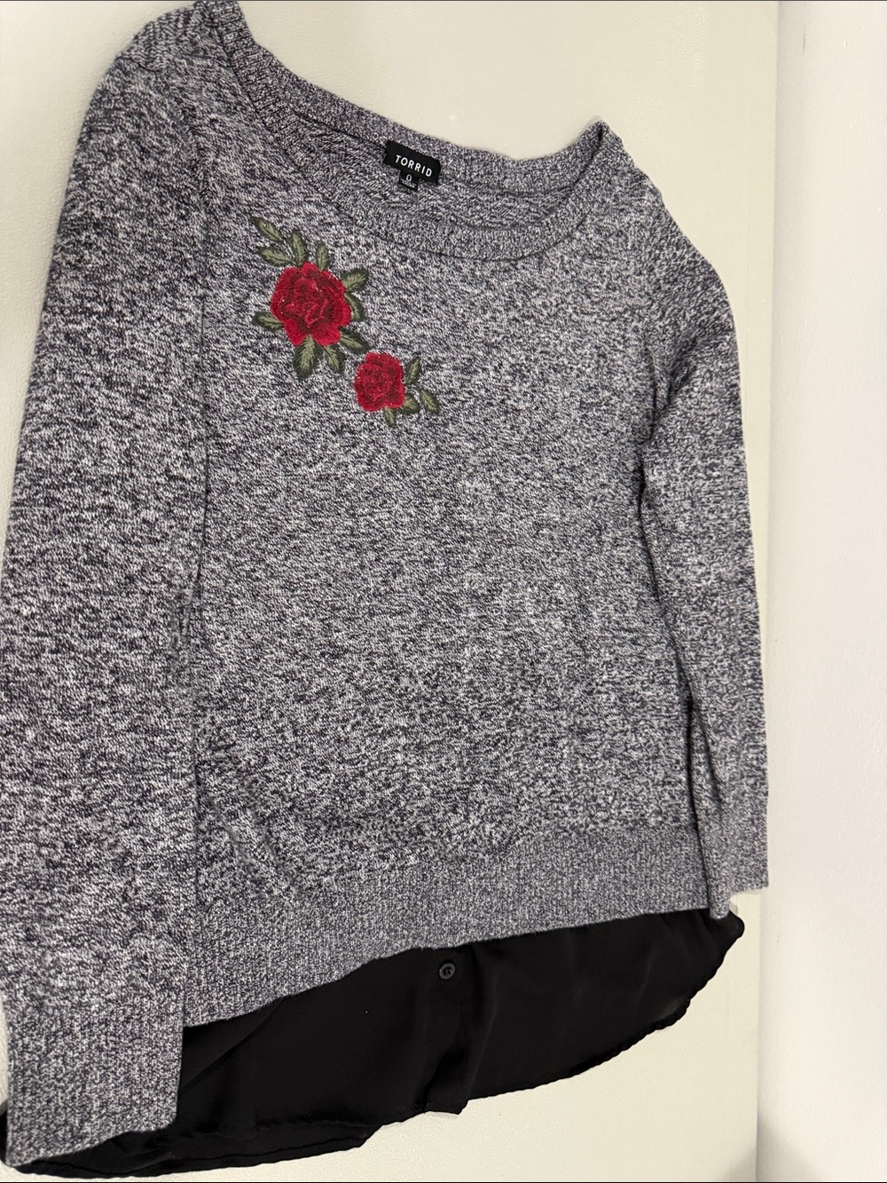 torrid Gray Marled Scoop Neck Sweater with Red Rose Embroidery